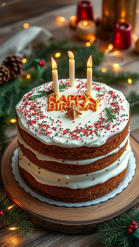 A festive Christmas birthday cake with buttercream frosting and holiday decorations on a wooden table.